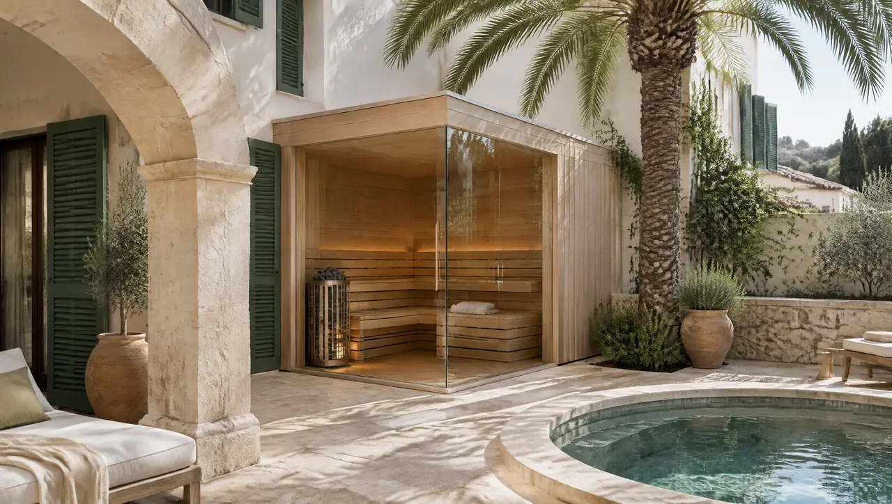 Palma townhouse patio with a honey-coloured stone arch, a palm tree, a corner-glass sauna and a small round plunge pool