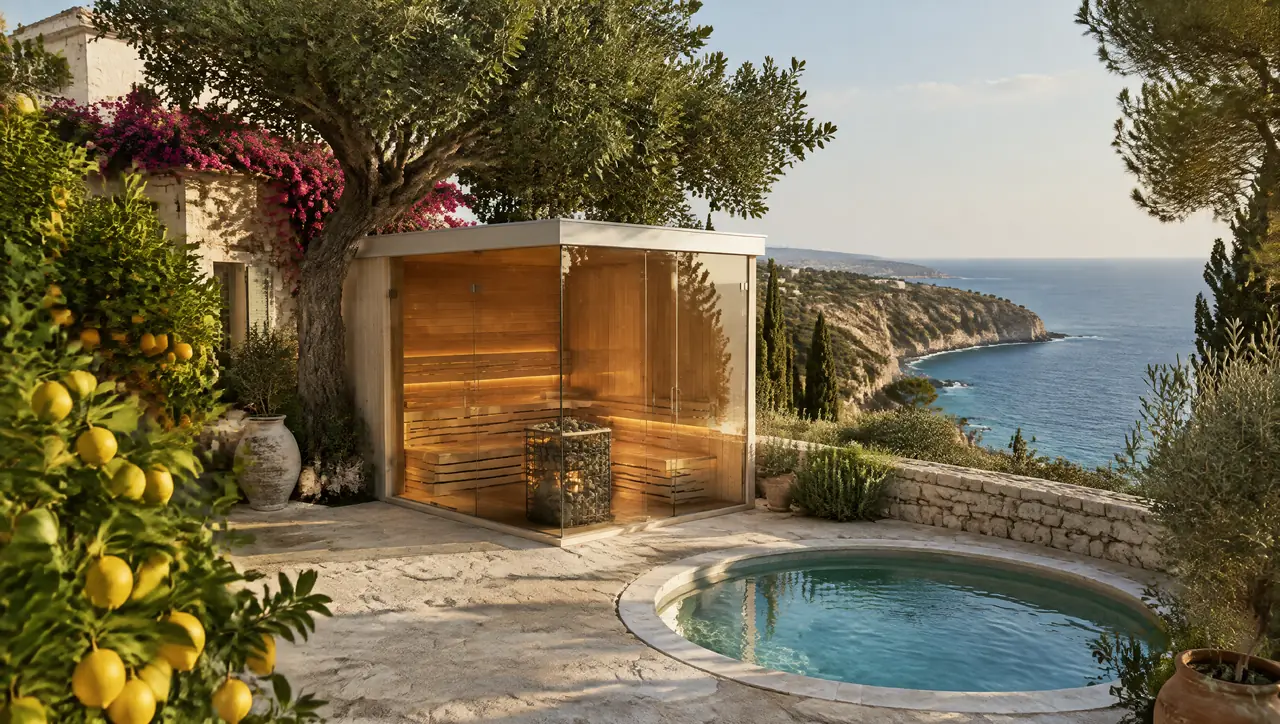 Limestone villa near Paphos with orange and lemon trees, bougainvillea, a stone terrace with a corner-glass sauna, a small round plunge pool and a coastal cliff