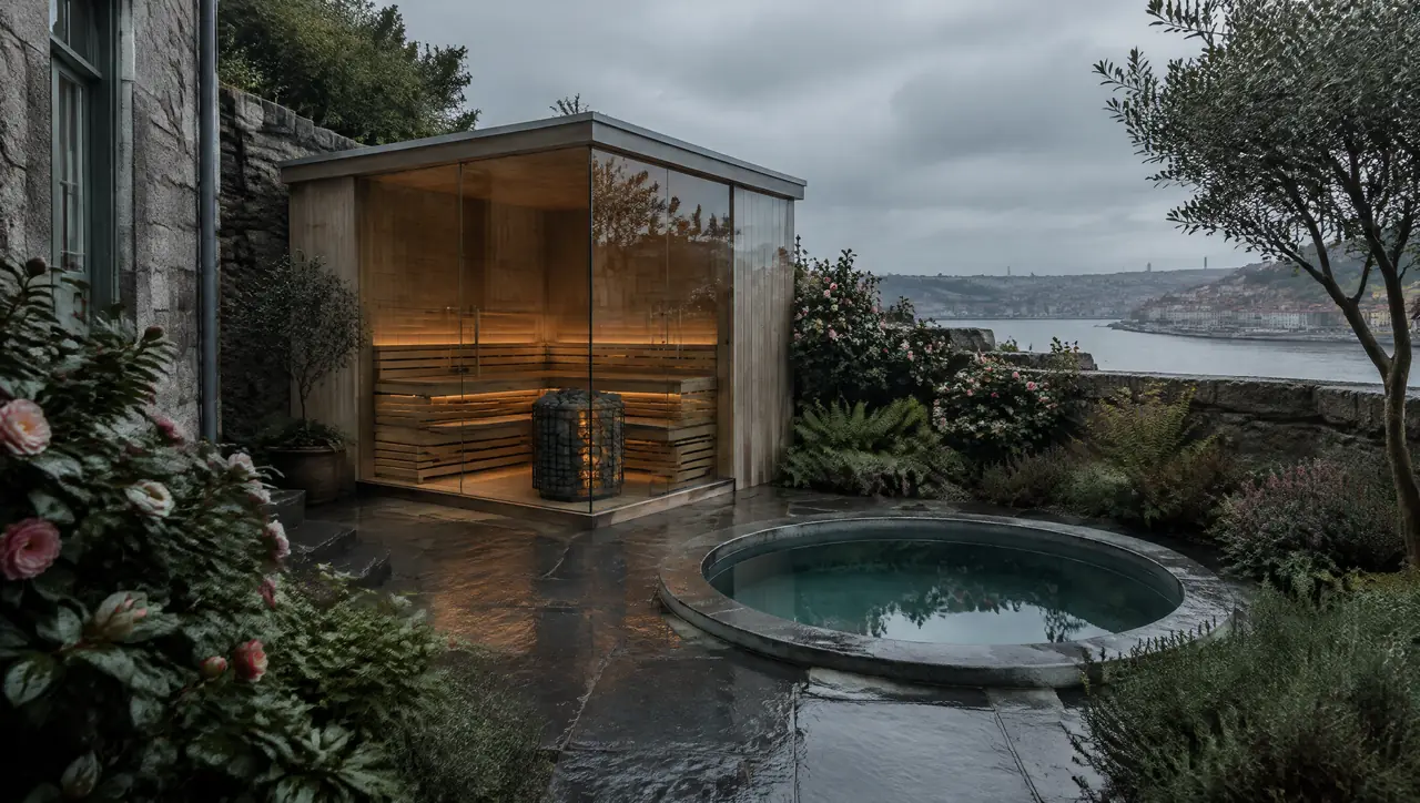 Walled garden of a granite townhouse in Porto with wet granite, camellias, a corner-glass sauna and a small round plunge pool in grey-green Atlantic light