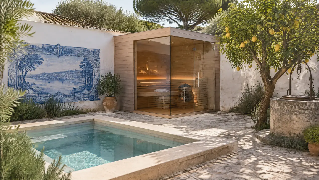Walled courtyard of a Portuguese quinta with an azulejo wall panel, a small square plunge pool, a corner-glass sauna, a lemon tree and an old stone well