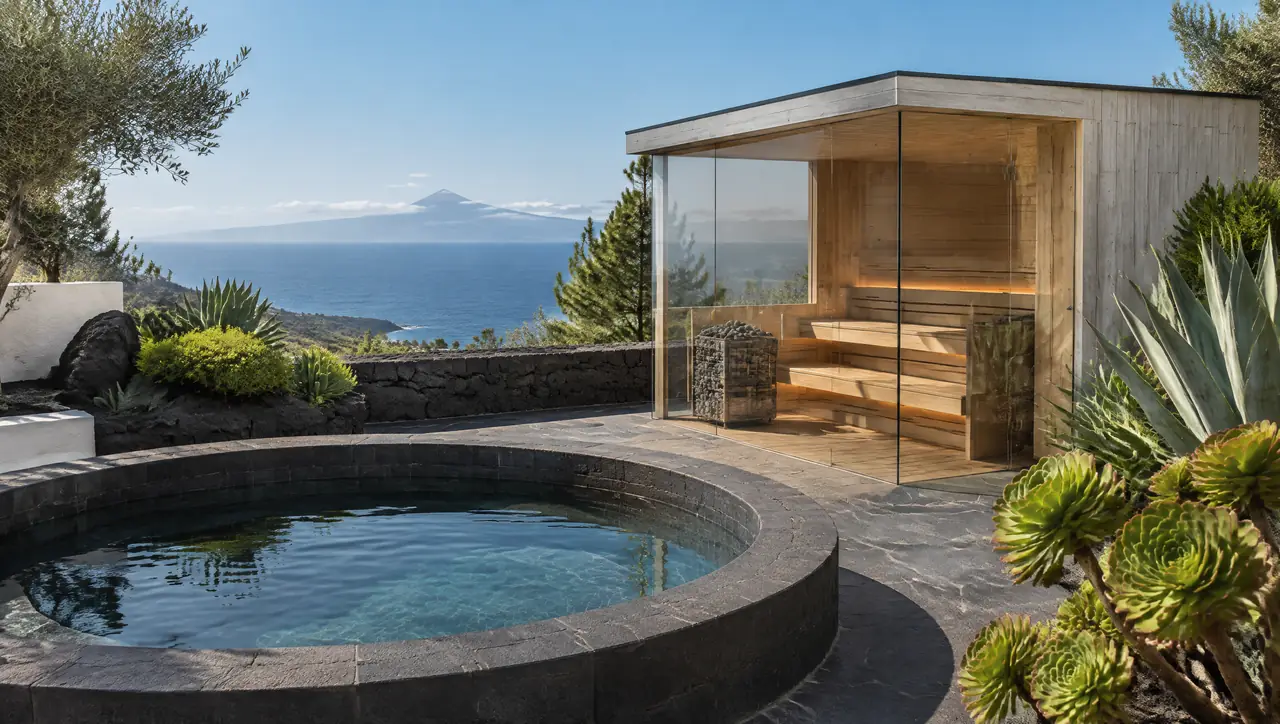 Round plunge pool in dark basalt-coloured tile and a corner-glass sauna on a volcanic villa terrace in Tenerife