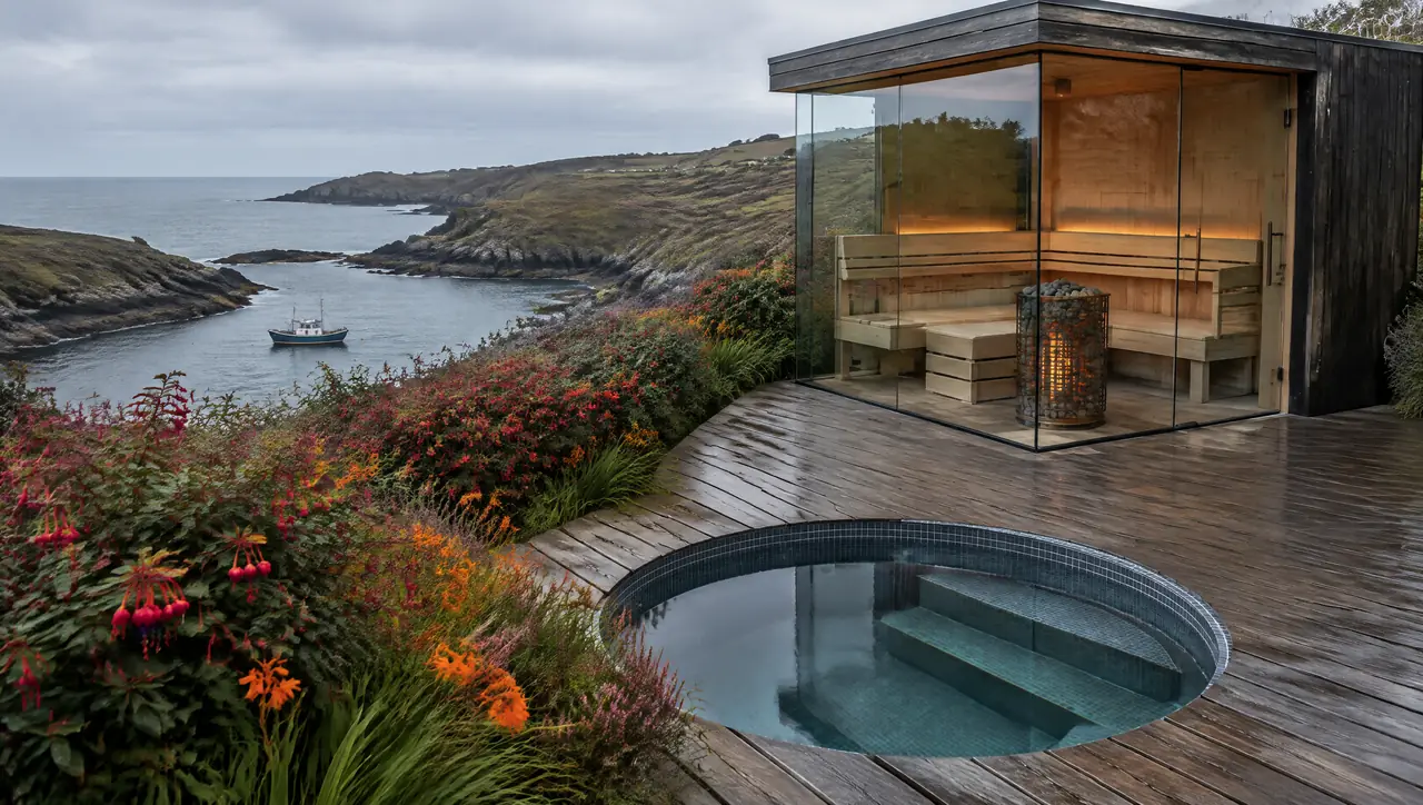 Headland garden in West Cork with fuchsia hedgerows and montbretia, a timber deck with a dark corner-glass sauna and a slate-grey plunge pool above a rocky inlet