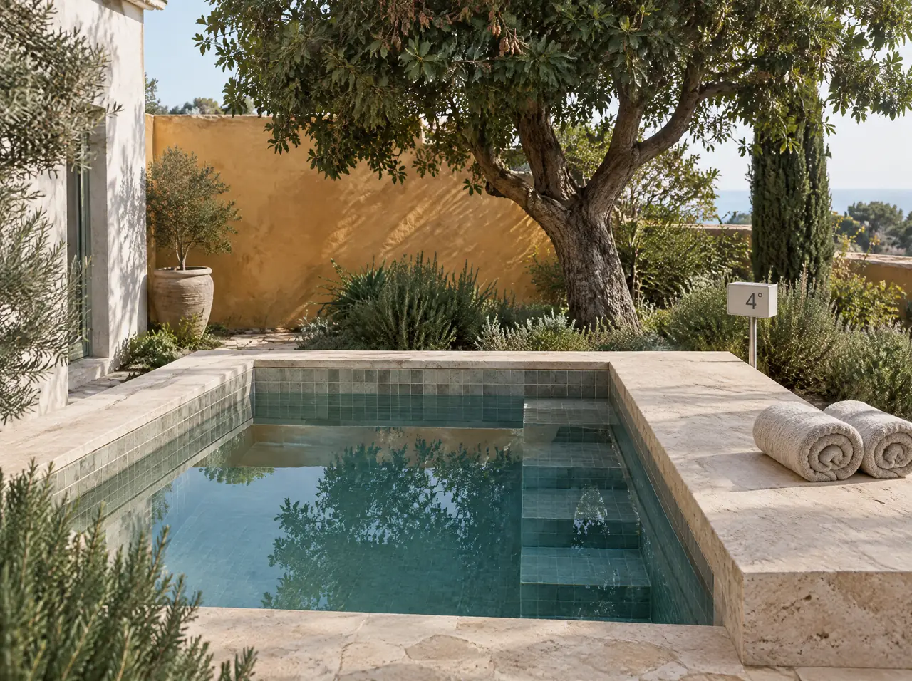 Square plunge pool with a seat-height travertine coping in an Algarve courtyard