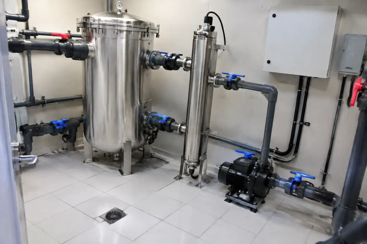 Clean plant room for a commercial plunge pool with a stainless filter vessel, a stainless UV reactor cylinder, a small pump and colour-coded valve handles
