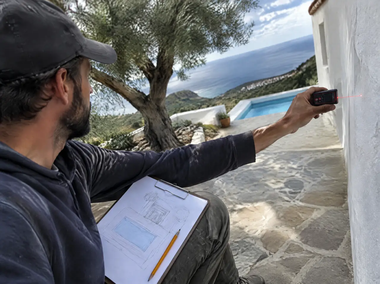 Surveyor crouching with a laser measure on a whitewashed Spanish terrace with a clipboard sketch of a sauna and pool layout