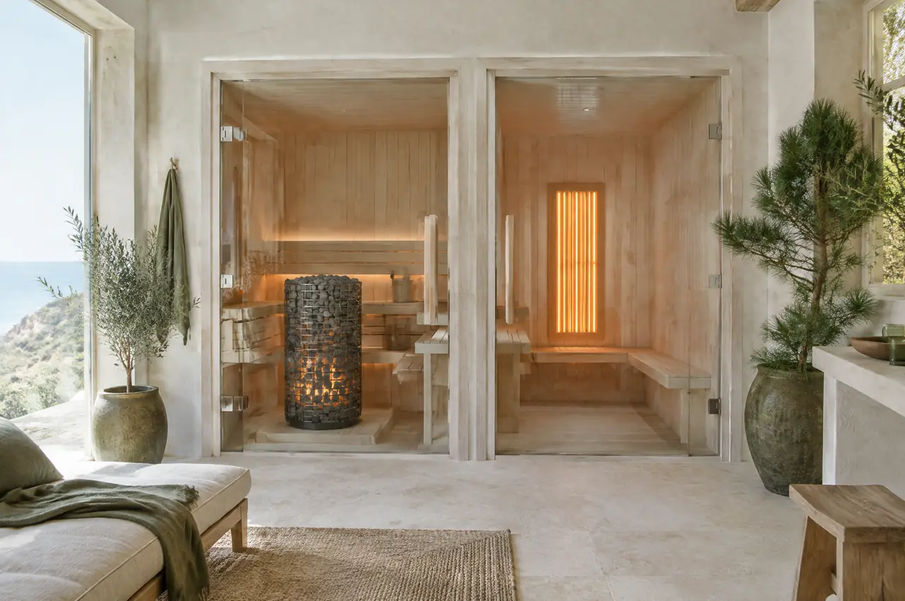 Two glass-fronted cabins side by side, the left with a stone-filled heater glowing, the right with a flat infrared panel on the back wall