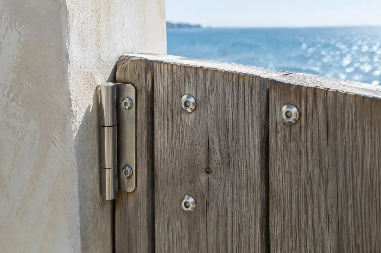 Grey weathered thermally modified timber boards with polished stainless-steel screws and a hinge, the sea out of focus behind