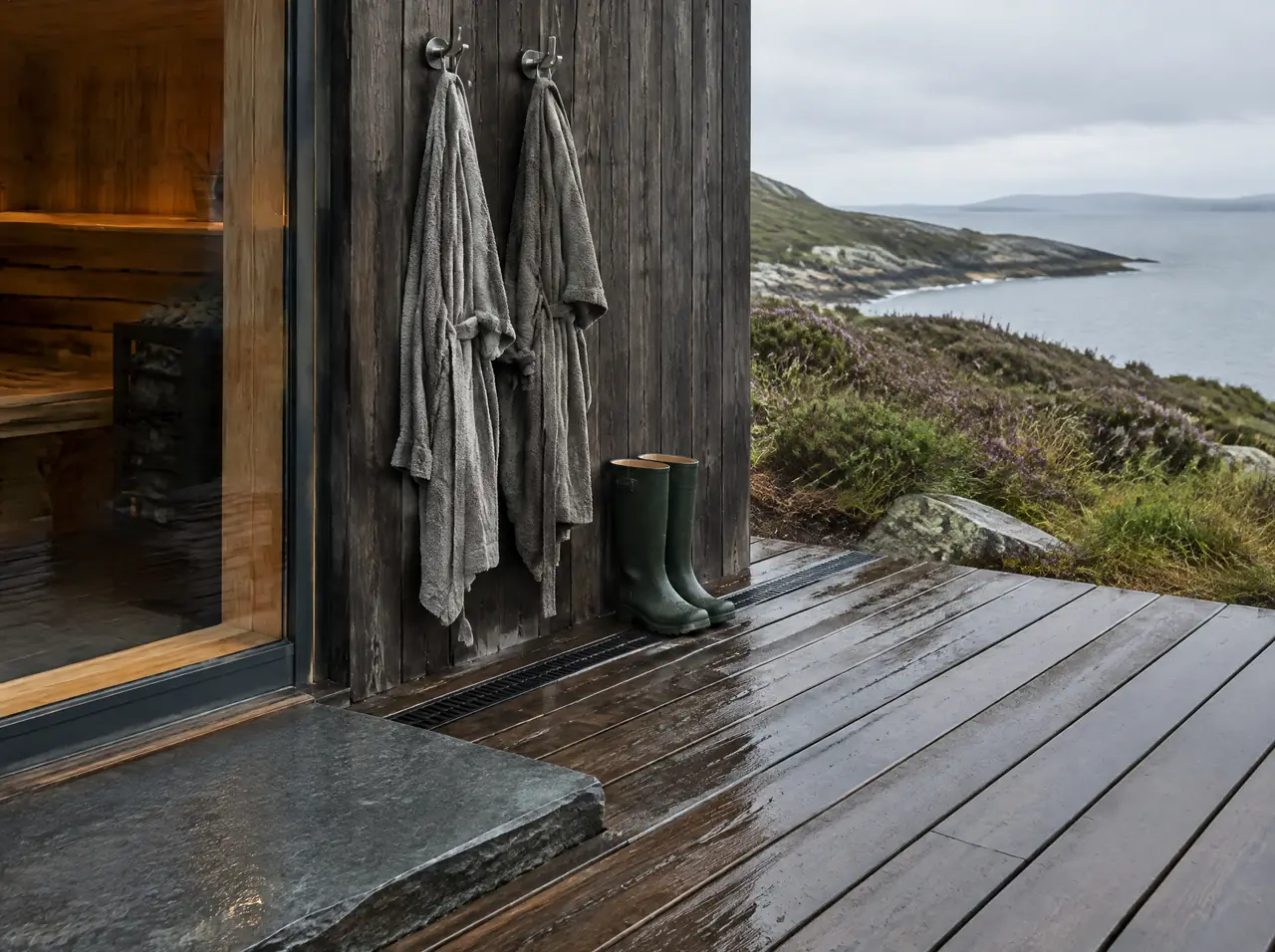 Detail of the dark timber deck with a drainage channel, robe hooks and wellington boots