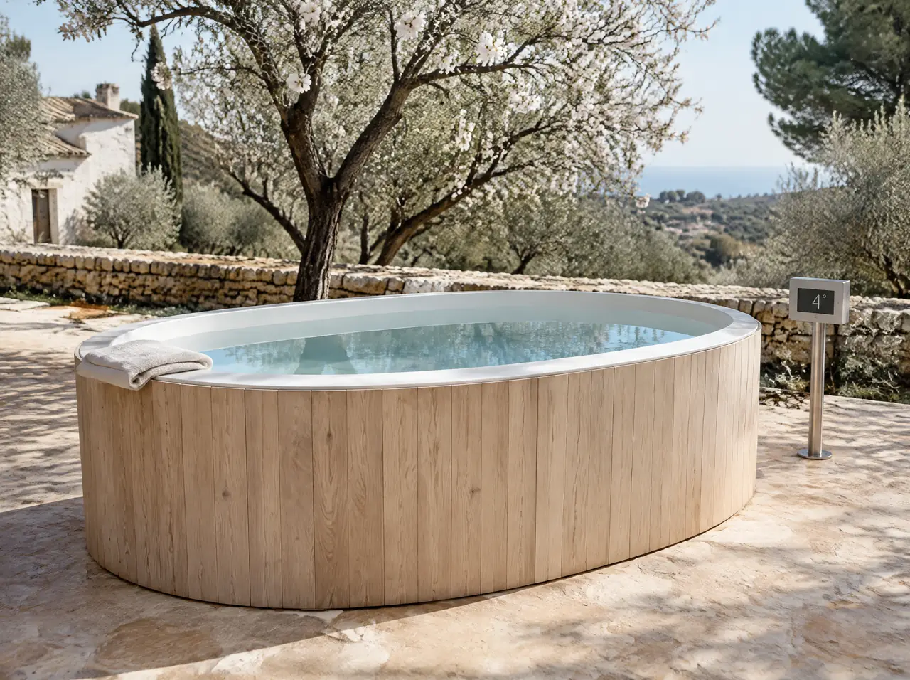 Oval timber cold plunge tub with a white liner on a limestone terrace of a Mallorcan finca with almond trees behind