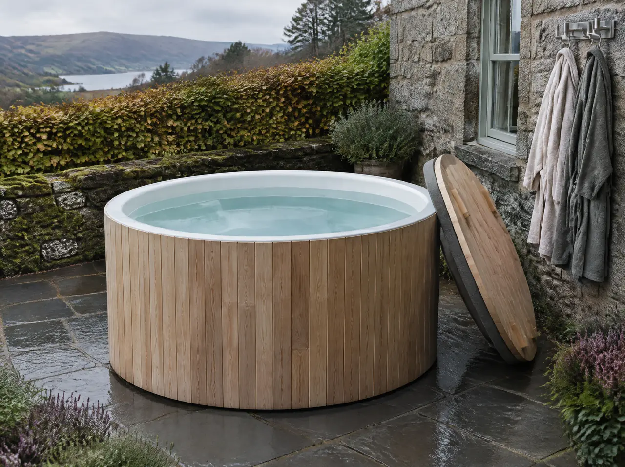 Round heated timber tub in pale ash staves with a white liner and an insulated lid on a slate terrace in a walled Wicklow garden